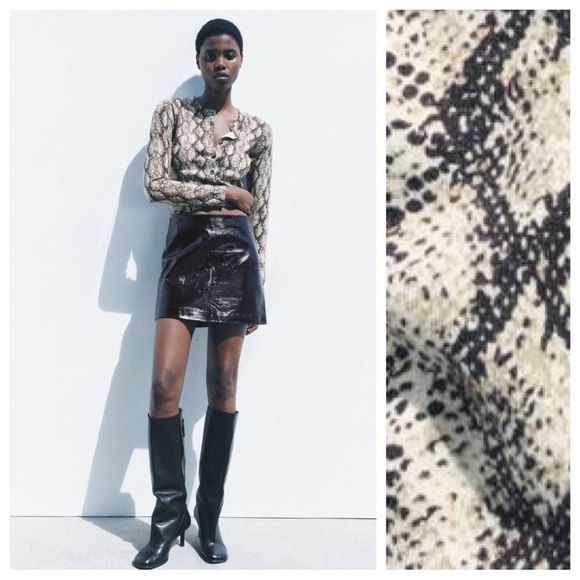 NWT. Zara Cream/Brown Snake Print Knit Cardigan. Size S.